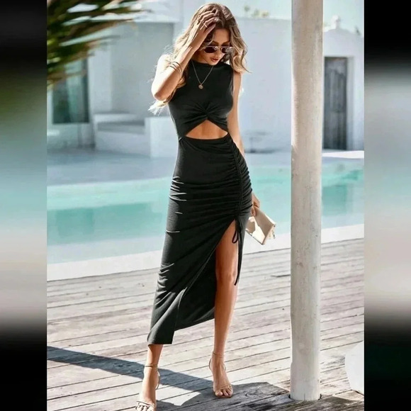 Solid Cut Out Drawstring Side Split Thigh Dress - Picture 1 of 6